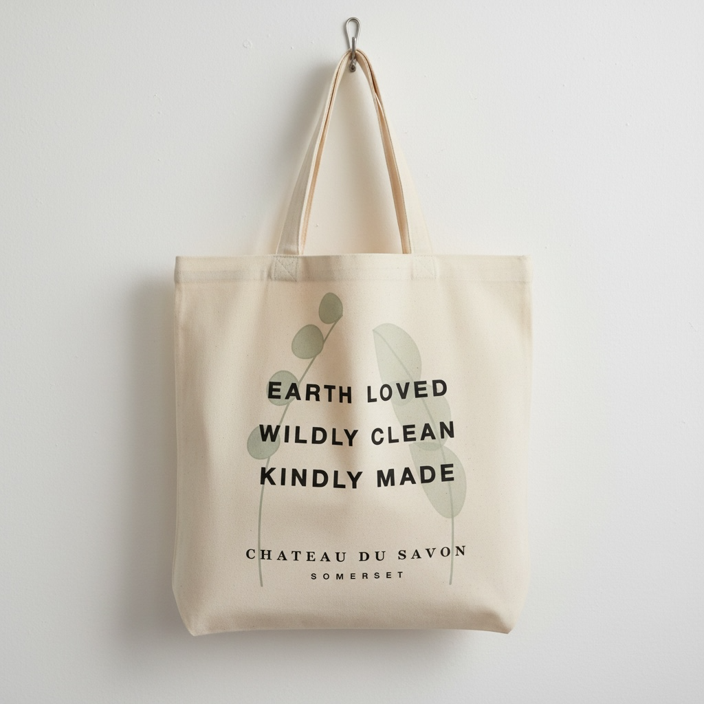 A cream canvas tote bag hanging from a metal hook on a white wall. The bag features a minimalist design with a muted sage green leaf graphic and black text that reads 'EARTH LOVED WILDLY CLEAN KINDLY MADE' and 'CHATEAU DU SAVON SOMERSET'.