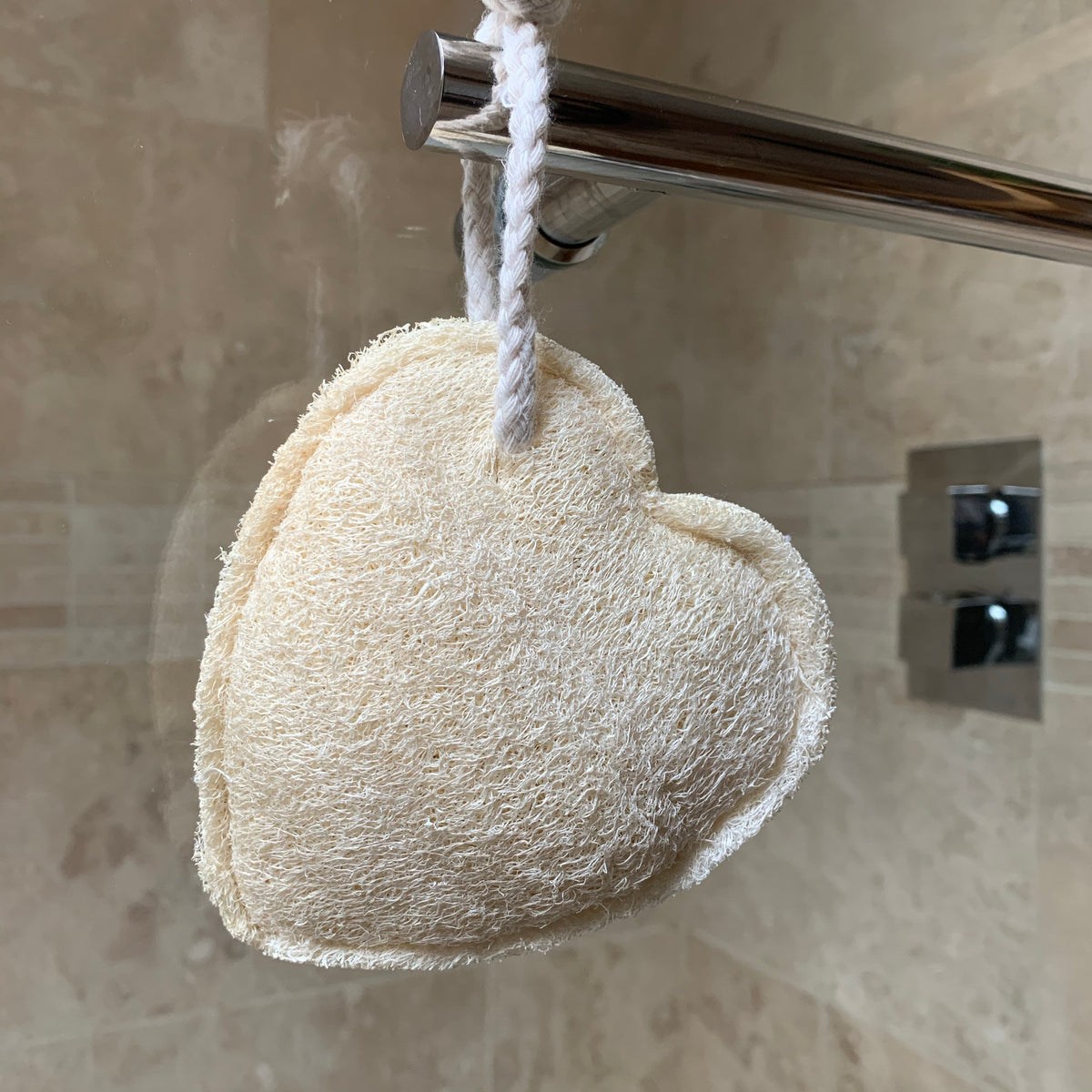 loofah heart body scrub on a rope
