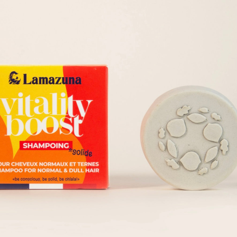 Lamazuna zero-waste beauty products including solid shampoo bars and reusable cleansing rounds
