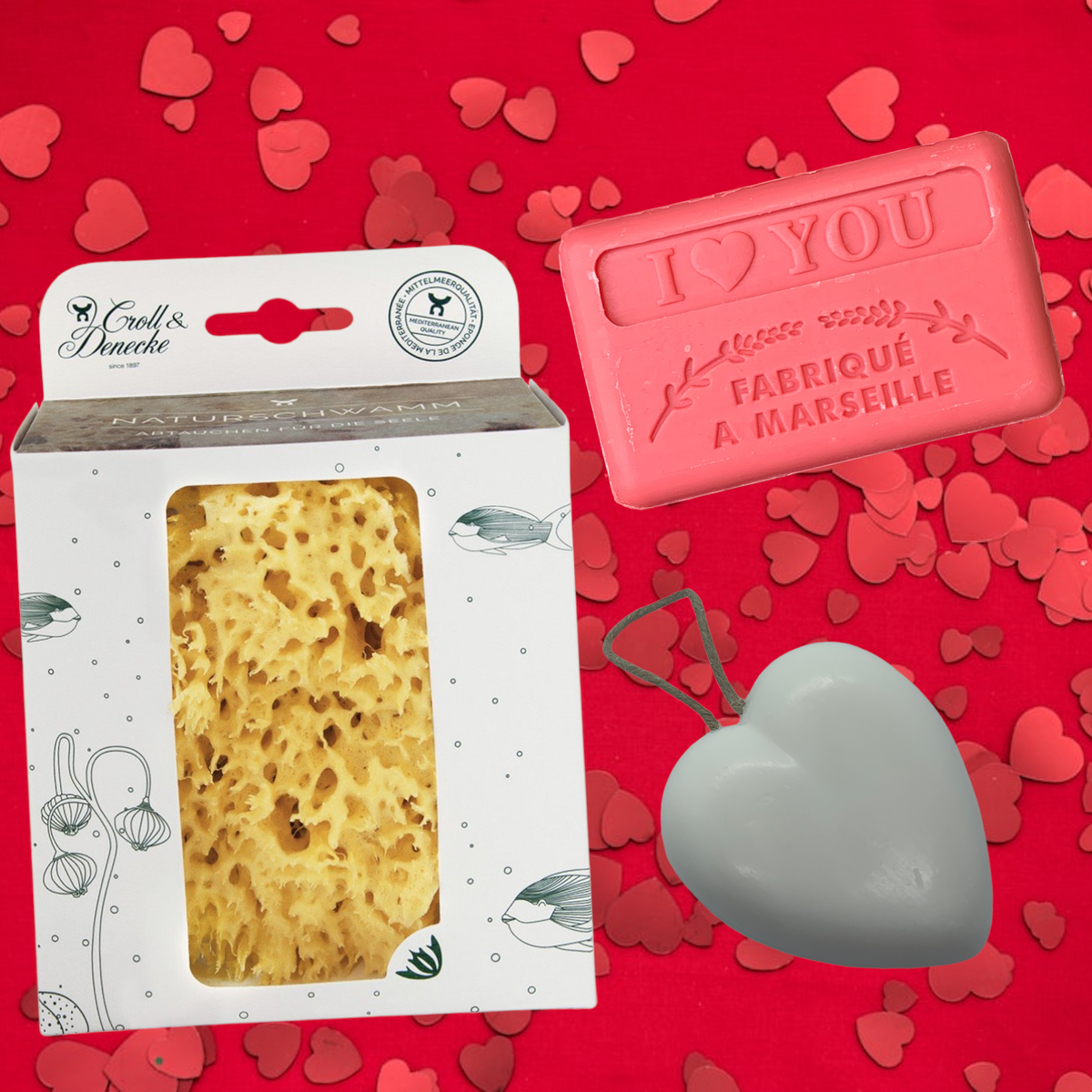 Valentines Gift Set - Sea Sponge, I Love You &amp; White Heart Soaps