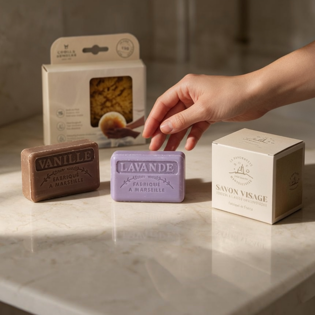 Three Marseille-style soaps in different colors (brown, lavender purple, and pale yellow) are arranged on a marble countertop with their packaging boxes. A hand is reaching toward the lavender soap.