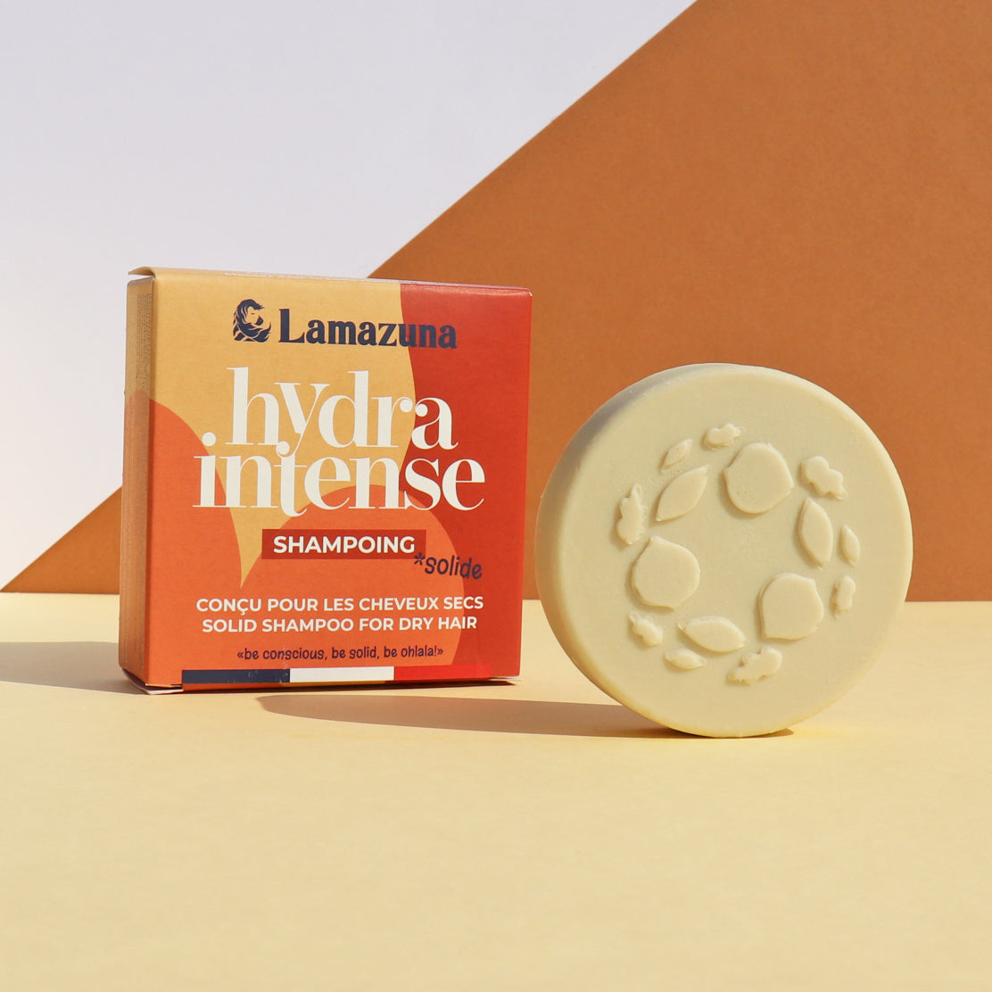 Lamazuna hydra intense shampoo bar on a beige background