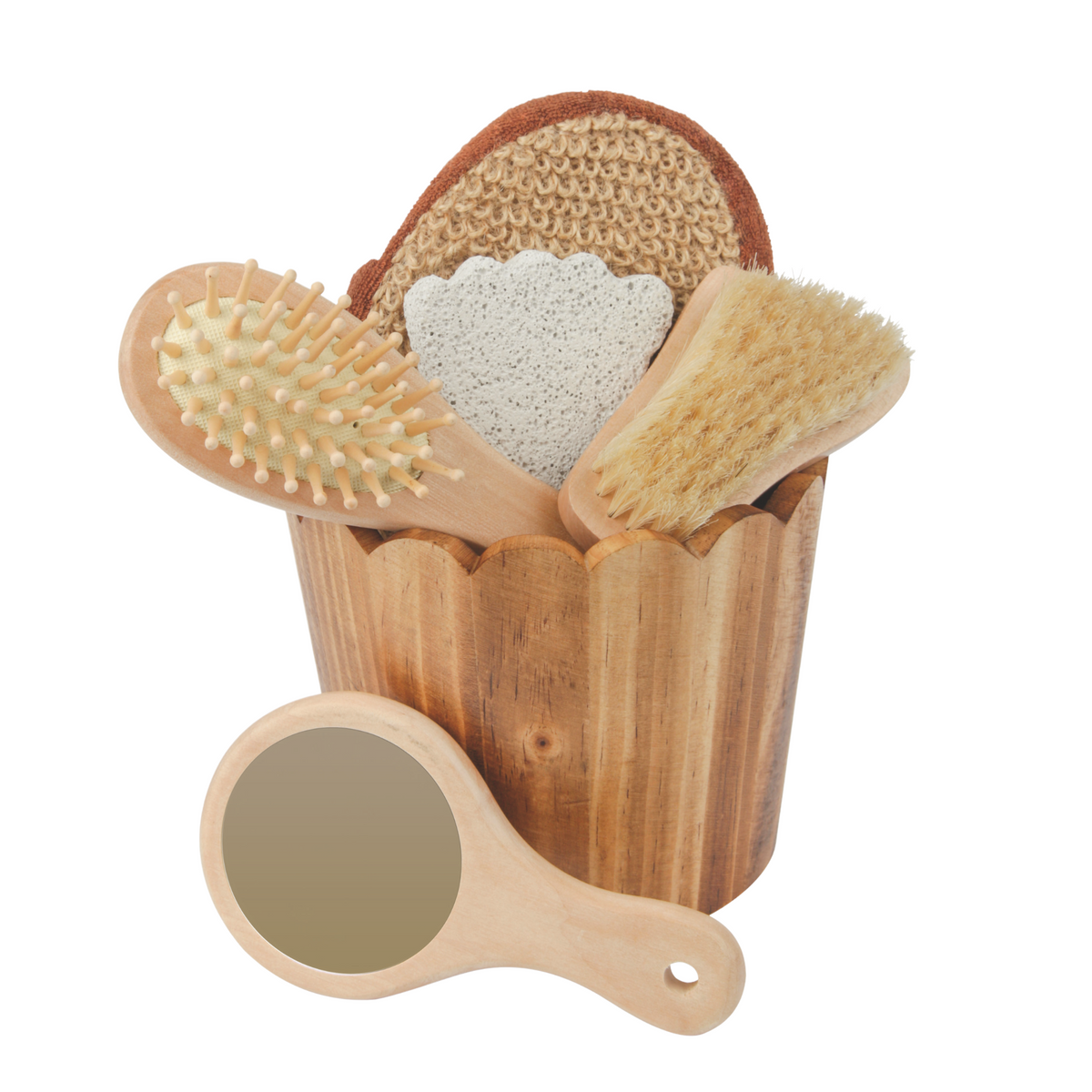 Bath Accessory Gift set in Toasted Wooden Bucket